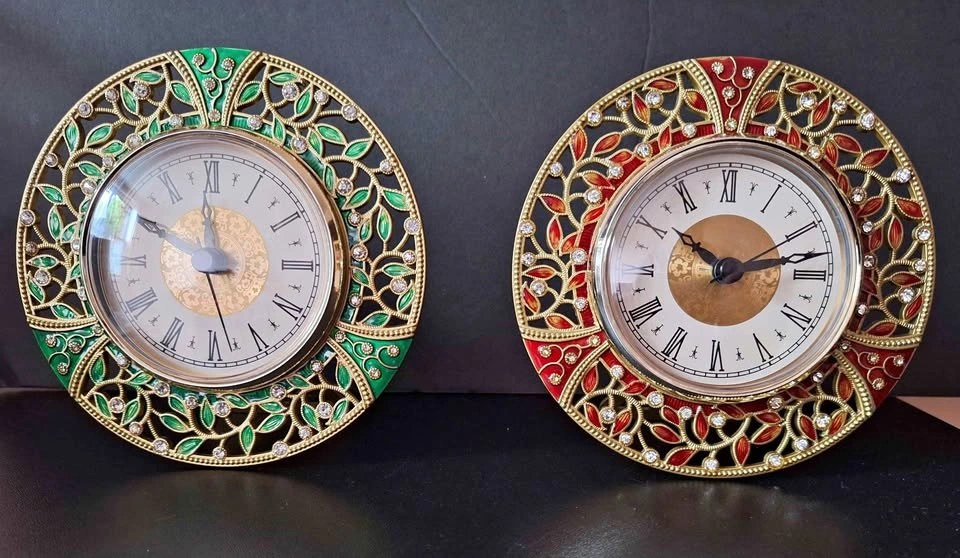 Vintage Enameled Green and Red Tabletop Clock with Gemstones