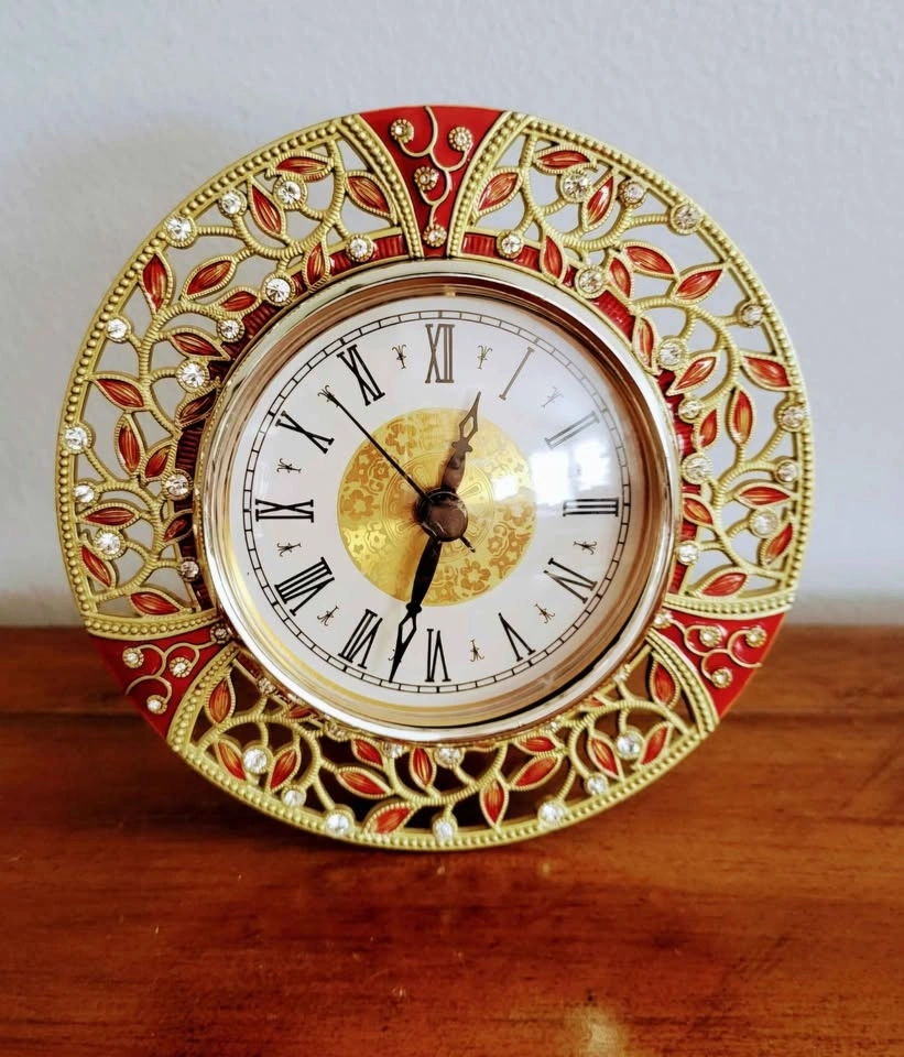 Vintage Enameled Green and Red Tabletop Clock with Gemstones - photo 2
