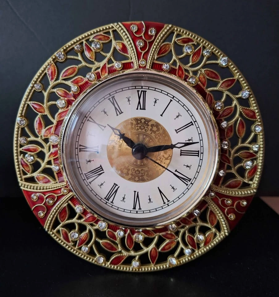 Vintage Enameled Green and Red Tabletop Clock with Gemstones - photo 3