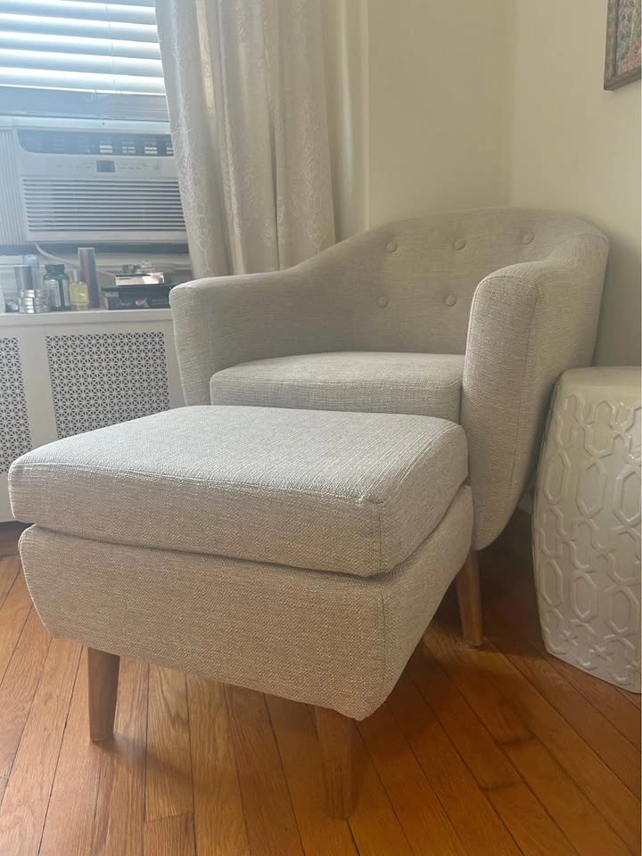 Natural Fabric Armchair and Ottoman