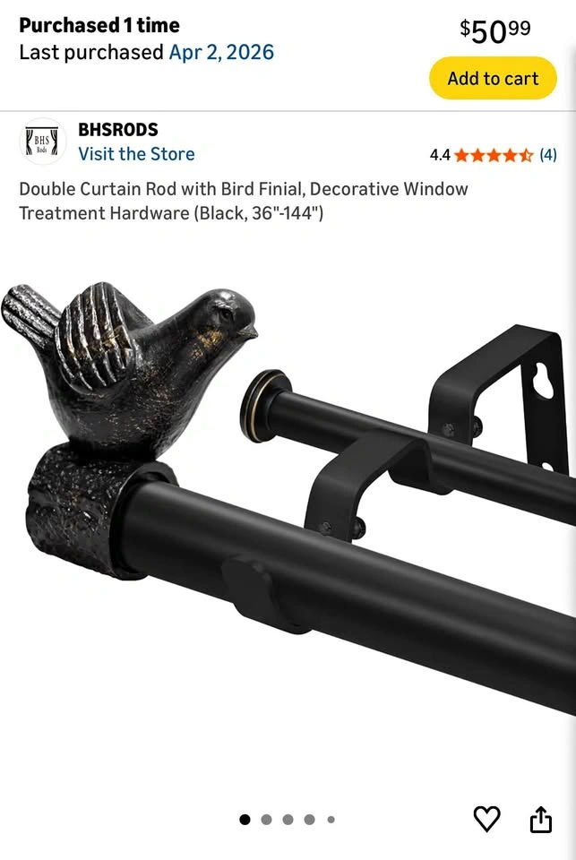 Cottagecore double curtain rod with decorative bird (36" to 144"