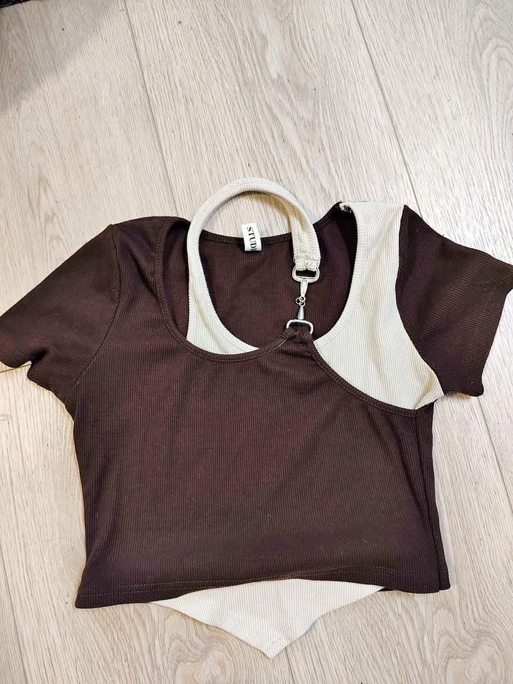 Brown and cream layered short sleeve top