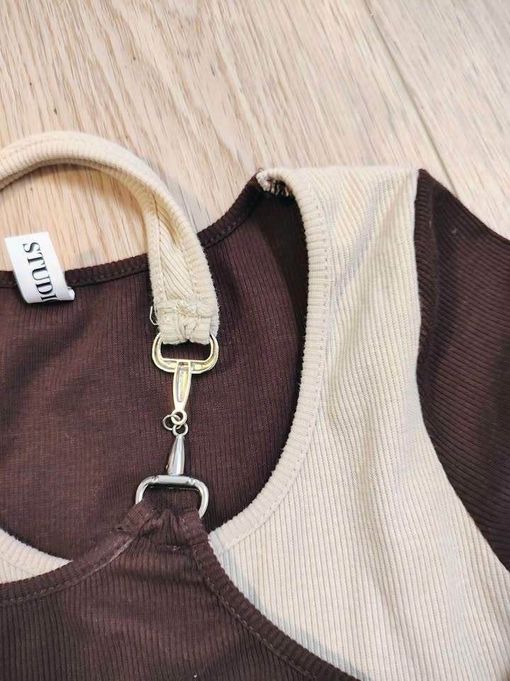 Brown and cream layered short sleeve top - photo 2