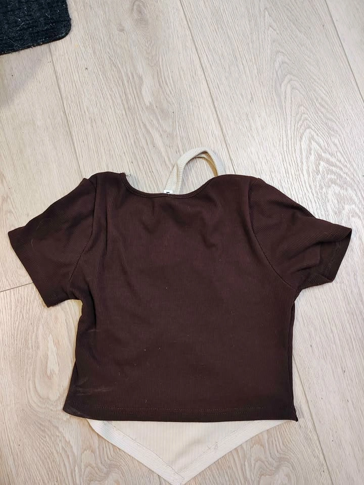 Brown and cream layered short sleeve top - photo 4