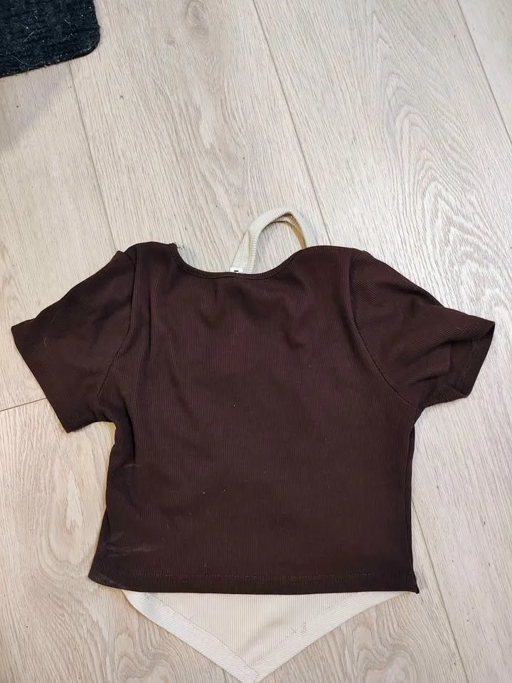 Brown and cream layered short sleeve top - photo 4