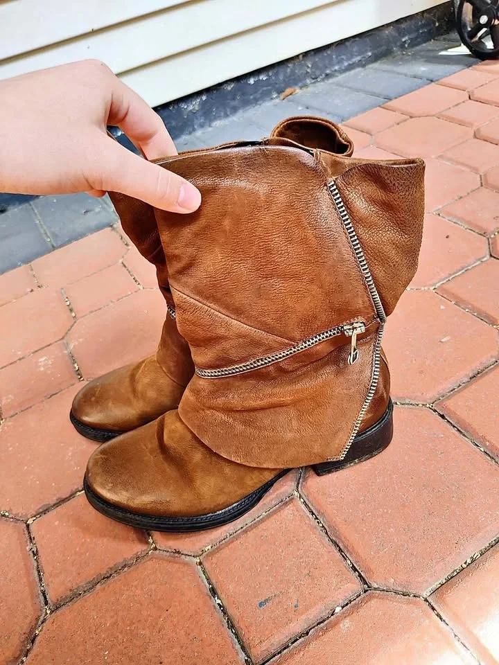 Brown foldover zipper moto boots
