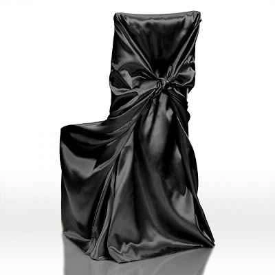 Black satin universal chair covers for rent
