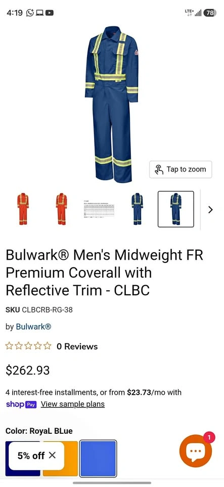 Men's FR Coverall Reflective Trim Royal Blue size 34 Reg