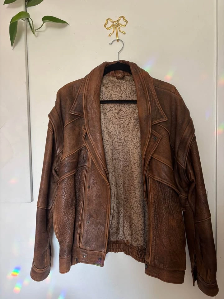vintage brown leather bomber jacket - photo 3
