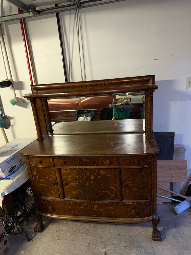 Antique Solid Oak Sideboard / Buffet with Mirror – Good Refinish