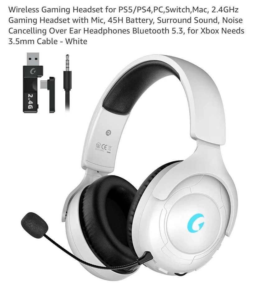 Wireless Gaming Headset for PS5/PS4, PC, Switch, Mac (White)