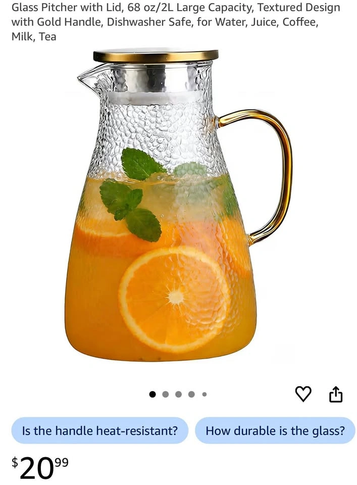 Glass Pitcher with Lid, 68 oz/2L