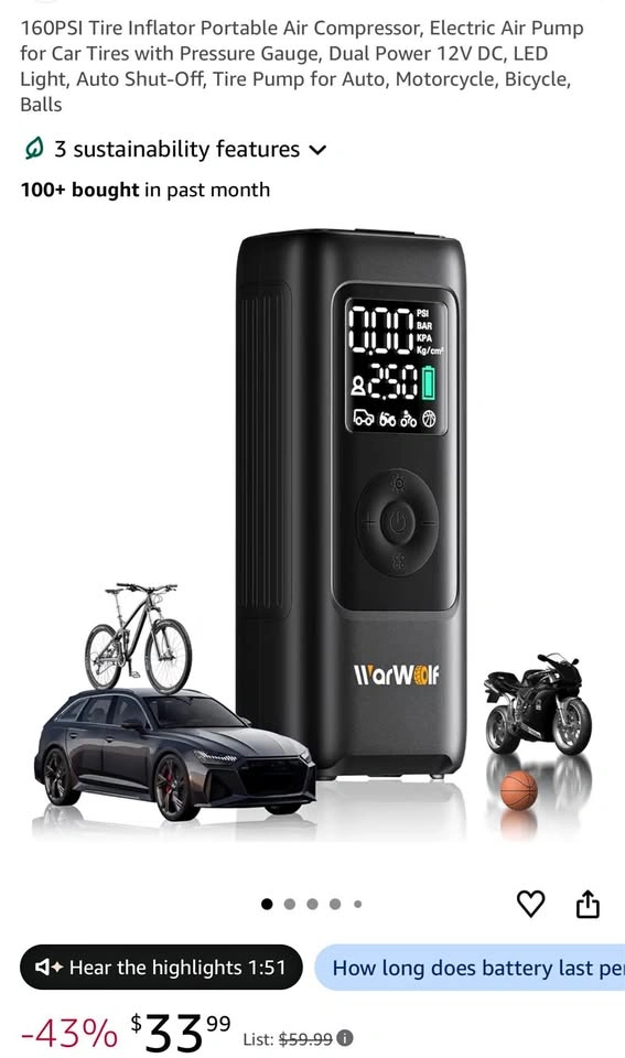 160PSI Tire Inflator Portable Air Compressor, Electric Air Pump