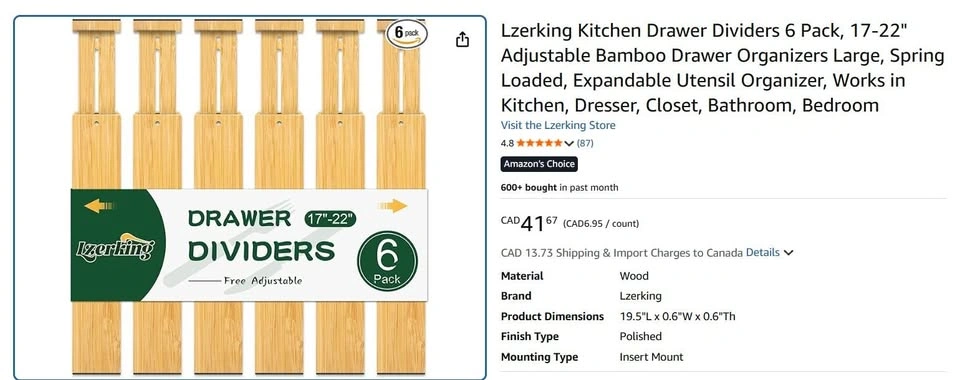 Lzerking Bamboo Drawer Dividers 6 Pack - photo 2