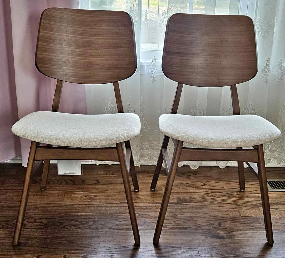 NEW Set of 2 dining chairs, walnut wood and beige upholstery