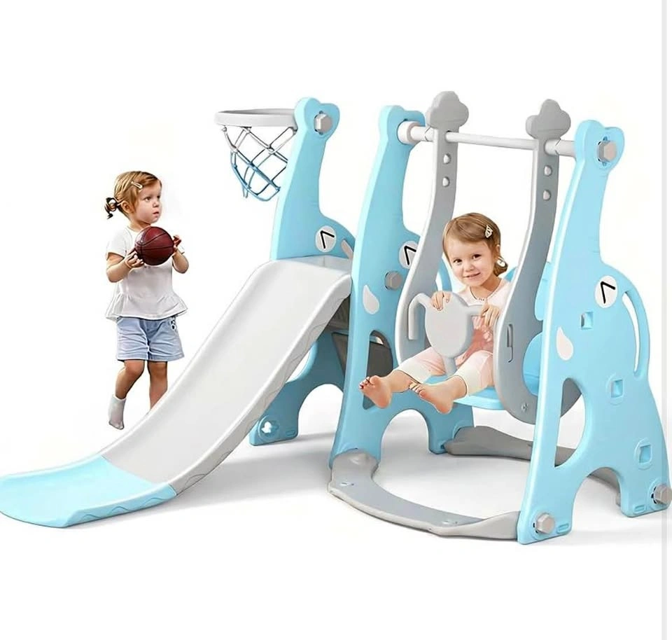 4-in-1 Slide and Swing Set with Climber and Basketball Hoop