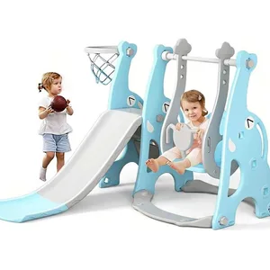 4-in-1 Slide and Swing Set with Climber and Basketball Hoop
