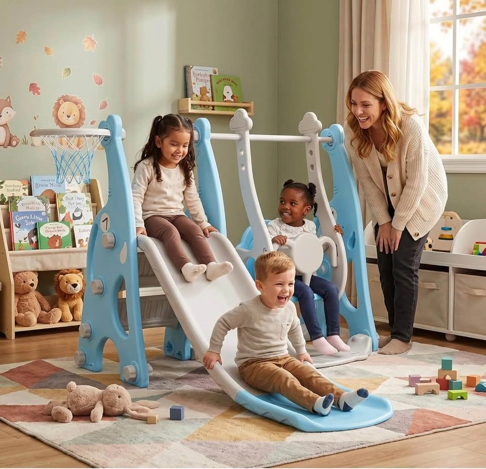 4-in-1 Slide and Swing Set with Climber and Basketball Hoop - photo 4