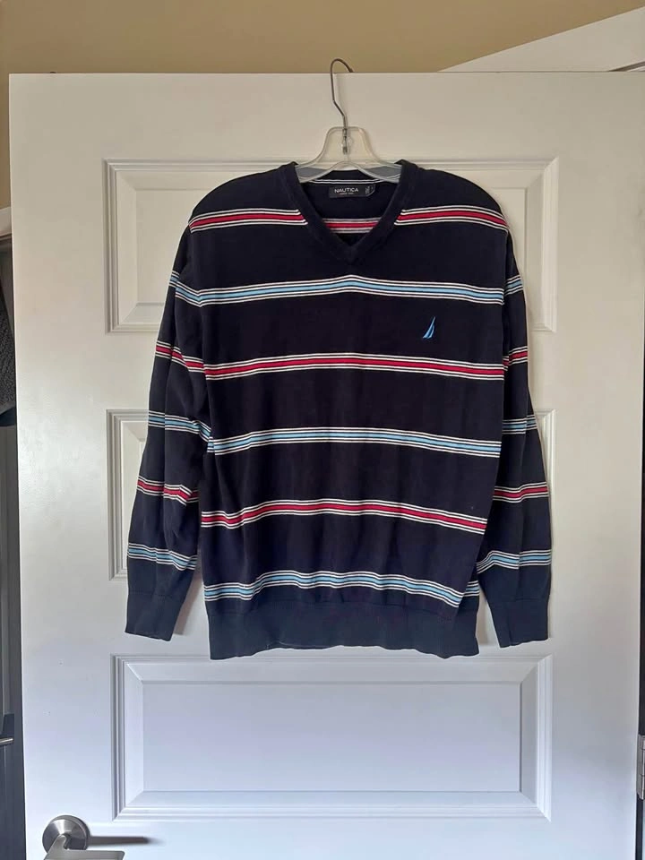 Nautica Striped V-Neck Sweater Mens Large Cotton