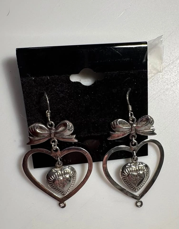 Vintage .925 Sterling Silver Bow & Double Heart Dangle Earrings - photo 2