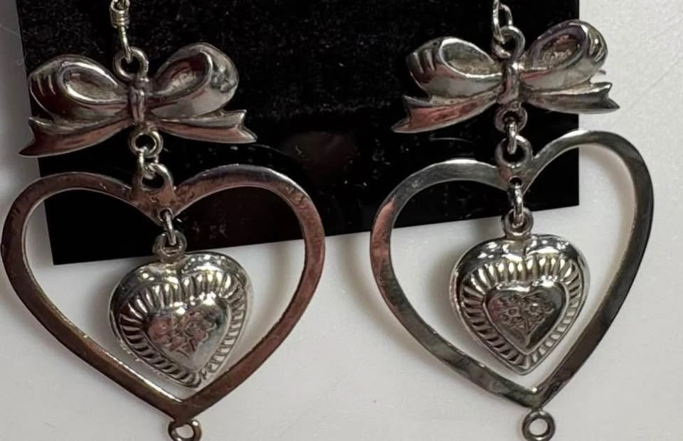 Vintage .925 Sterling Silver Bow & Double Heart Dangle Earrings - photo 3
