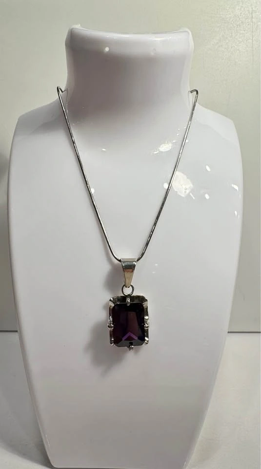Vintage Mexican 925 Sterling Silver Emerald-Cut Amethyst Pendant