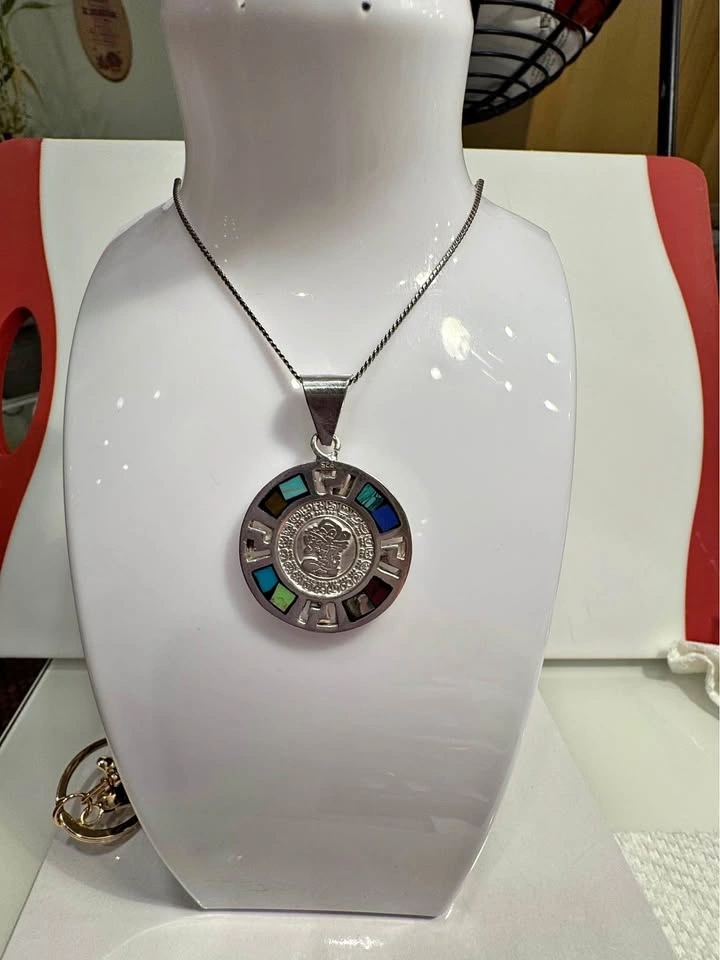 Sterling Silver 925 Aztec Calendar Pendant with Turquoise & Abal