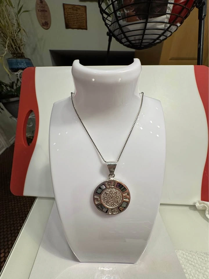 Sterling Silver 925 Aztec Calendar Pendant with Turquoise & Abal - photo 2