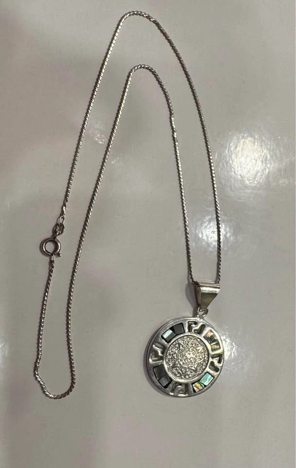 Sterling Silver 925 Aztec Calendar Pendant with Turquoise & Abal - photo 5