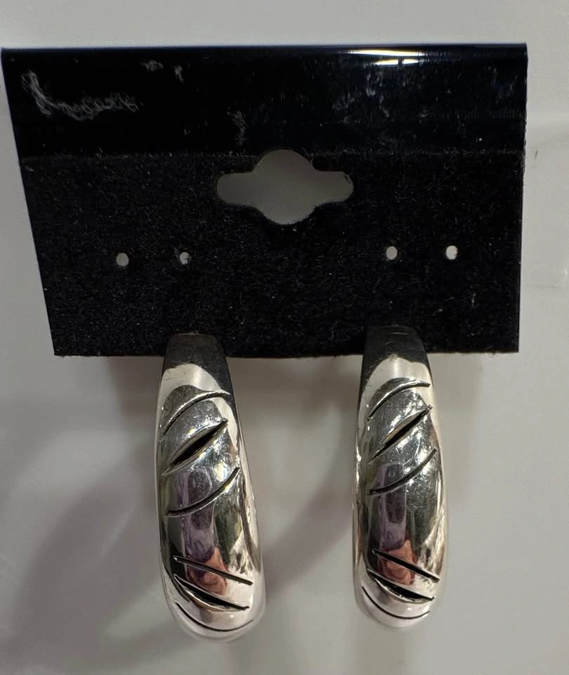 Vintage Sterling Silver 925 Ribbed Hoop Earrings - photo 2