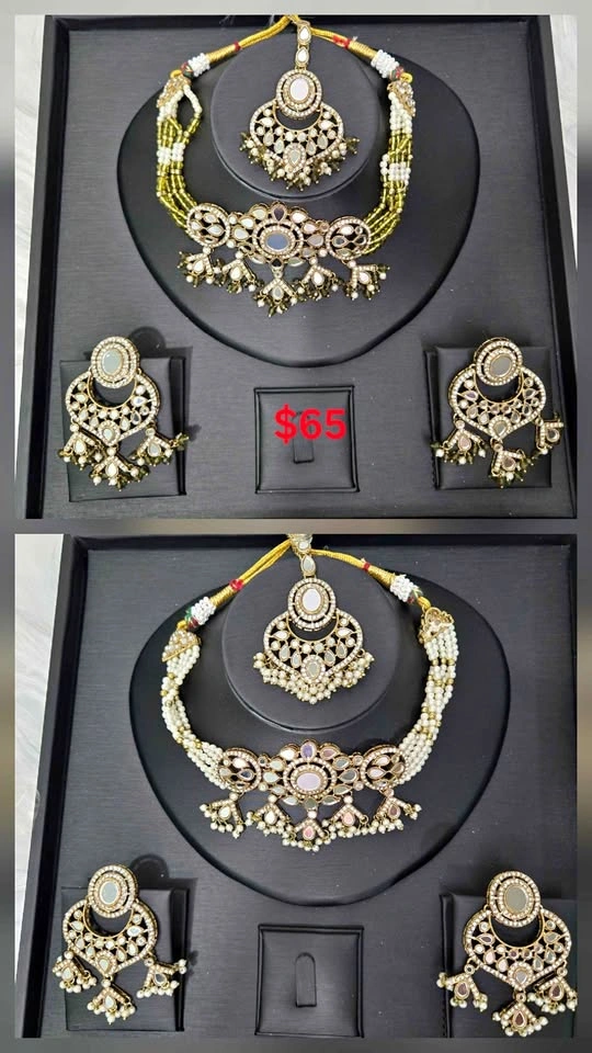Indian Pakistani Kundan Mirror Pearl Jewelry Set