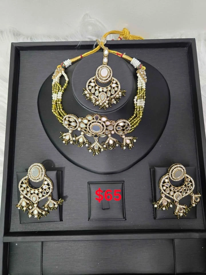 Indian Pakistani Kundan Mirror Pearl Jewelry Set - photo 2