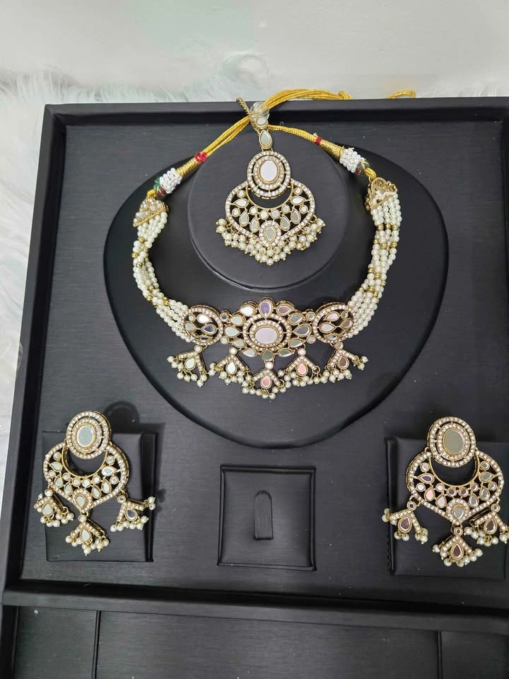 Indian Pakistani Kundan Mirror Pearl Jewelry Set - photo 3