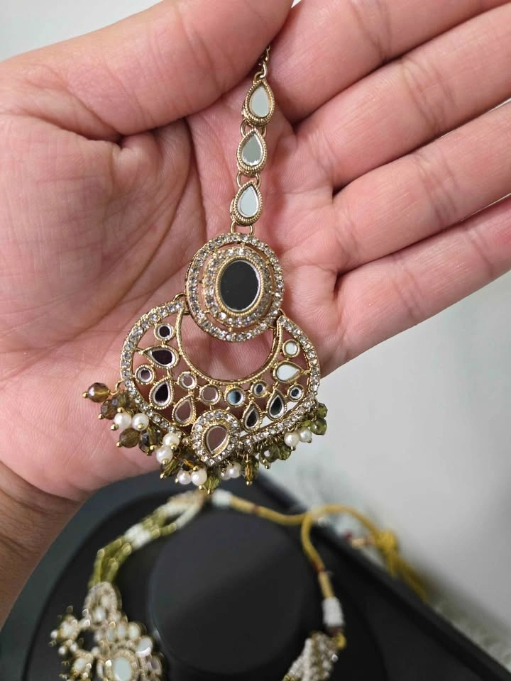 Indian Pakistani Kundan Mirror Pearl Jewelry Set - photo 4