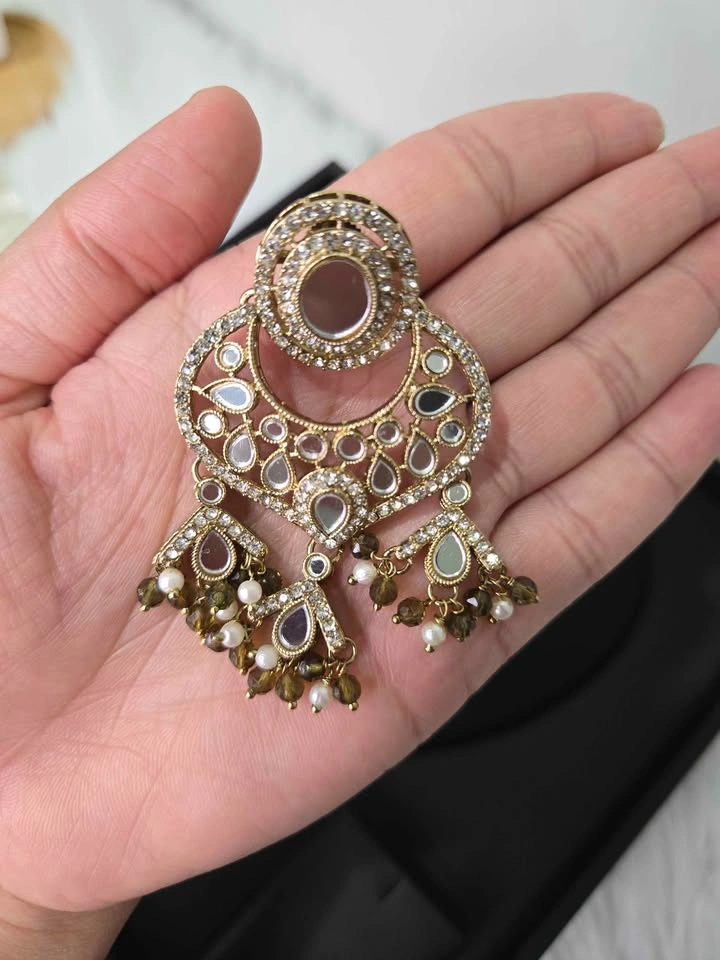 Indian Pakistani Kundan Mirror Pearl Jewelry Set - photo 5