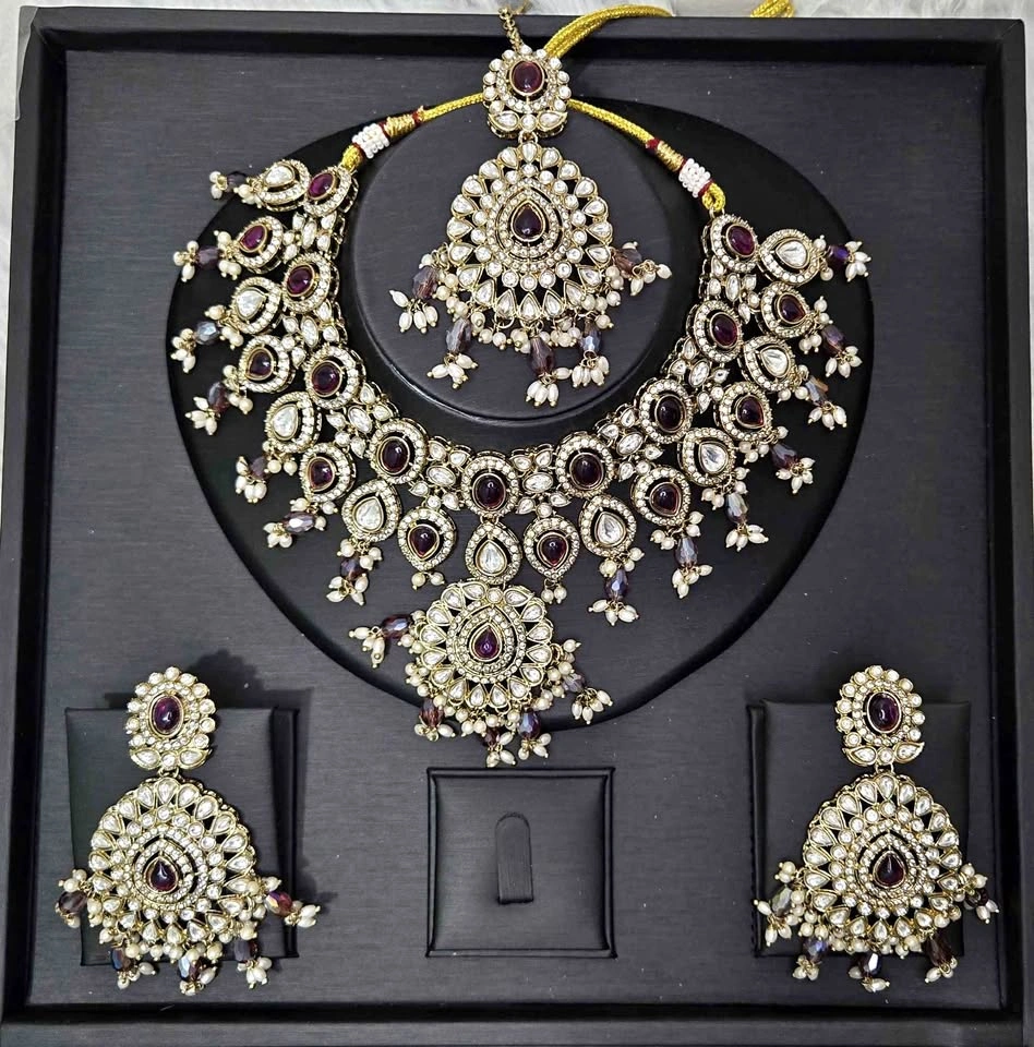 Indian Kundan Polki Necklace Earrings Maang Tikka Set