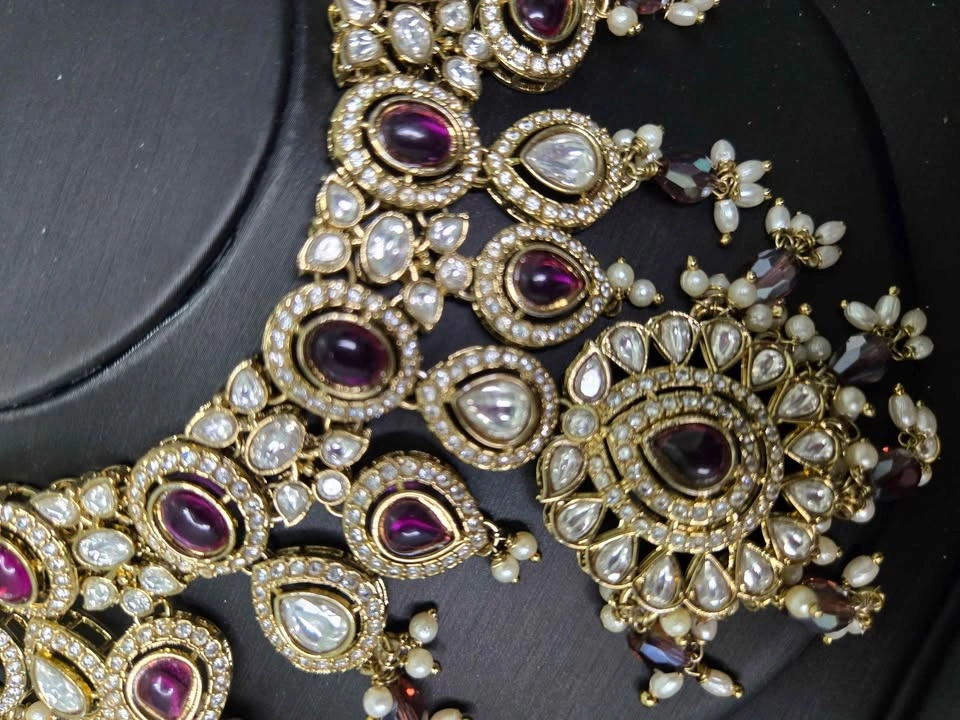Indian Kundan Polki Necklace Earrings Maang Tikka Set - photo 2