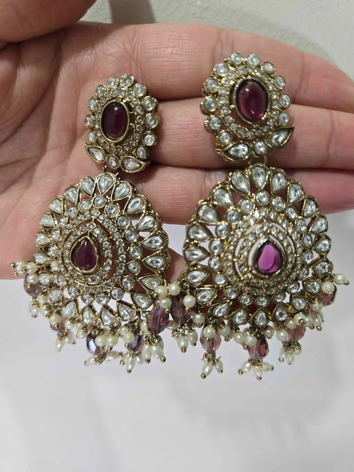 Indian Kundan Polki Necklace Earrings Maang Tikka Set - photo 3