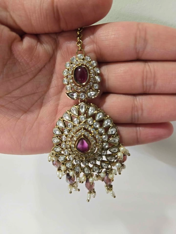 Indian Kundan Polki Necklace Earrings Maang Tikka Set - photo 4