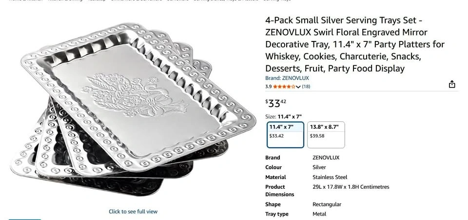 4-Pack Small Silver Serving Trays Set - ZENOVLUX 11.4" x 7"