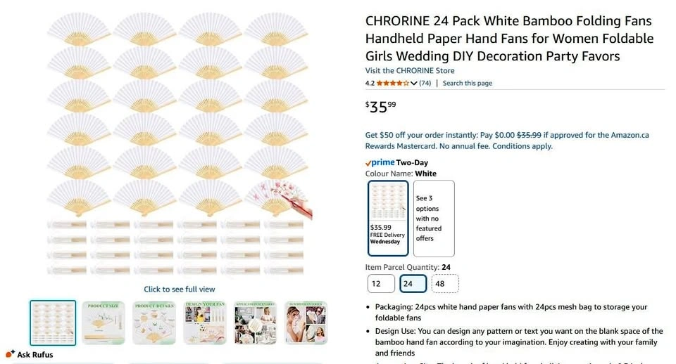 CHRORINE White Bamboo Folding Fans 45 Pack