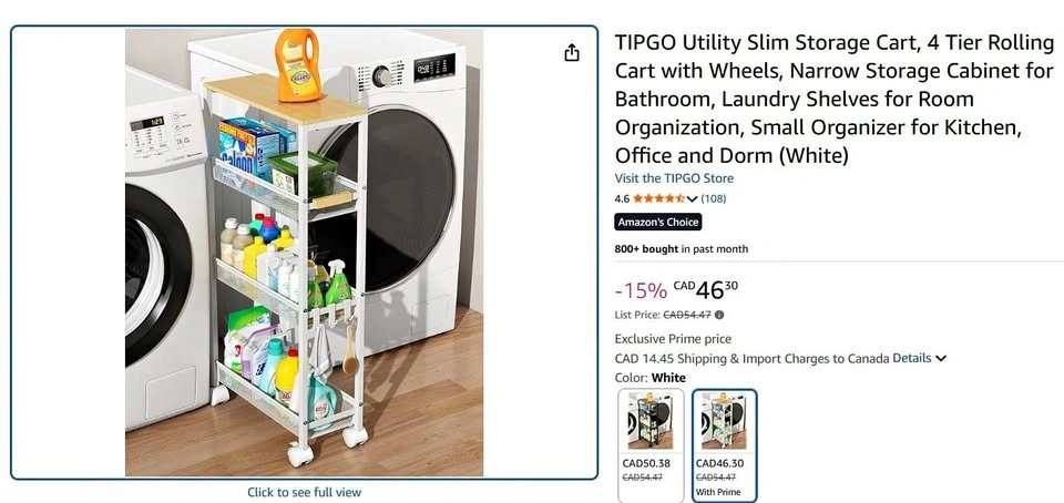TIPGO Utility Slim Storage Cart, 4 Tier Rolling Cart