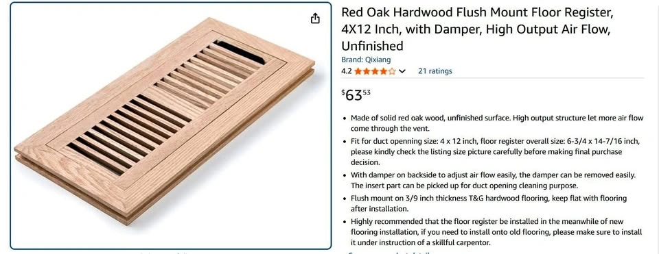 Red Oak Hardwood Flush Mount Floor Register, 4X12 Inch