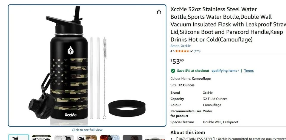 XccMe 32oz Stainless Steel Water Bottle (American Flag Pattern) - photo 2