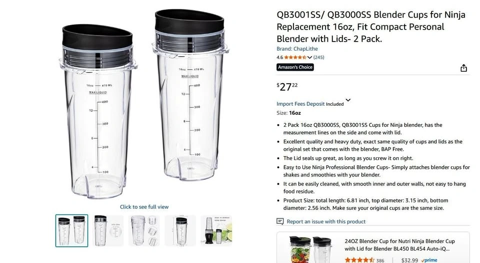 QB3001SS/QB3000SS Replacement 16oz Blender Cups for Ninja