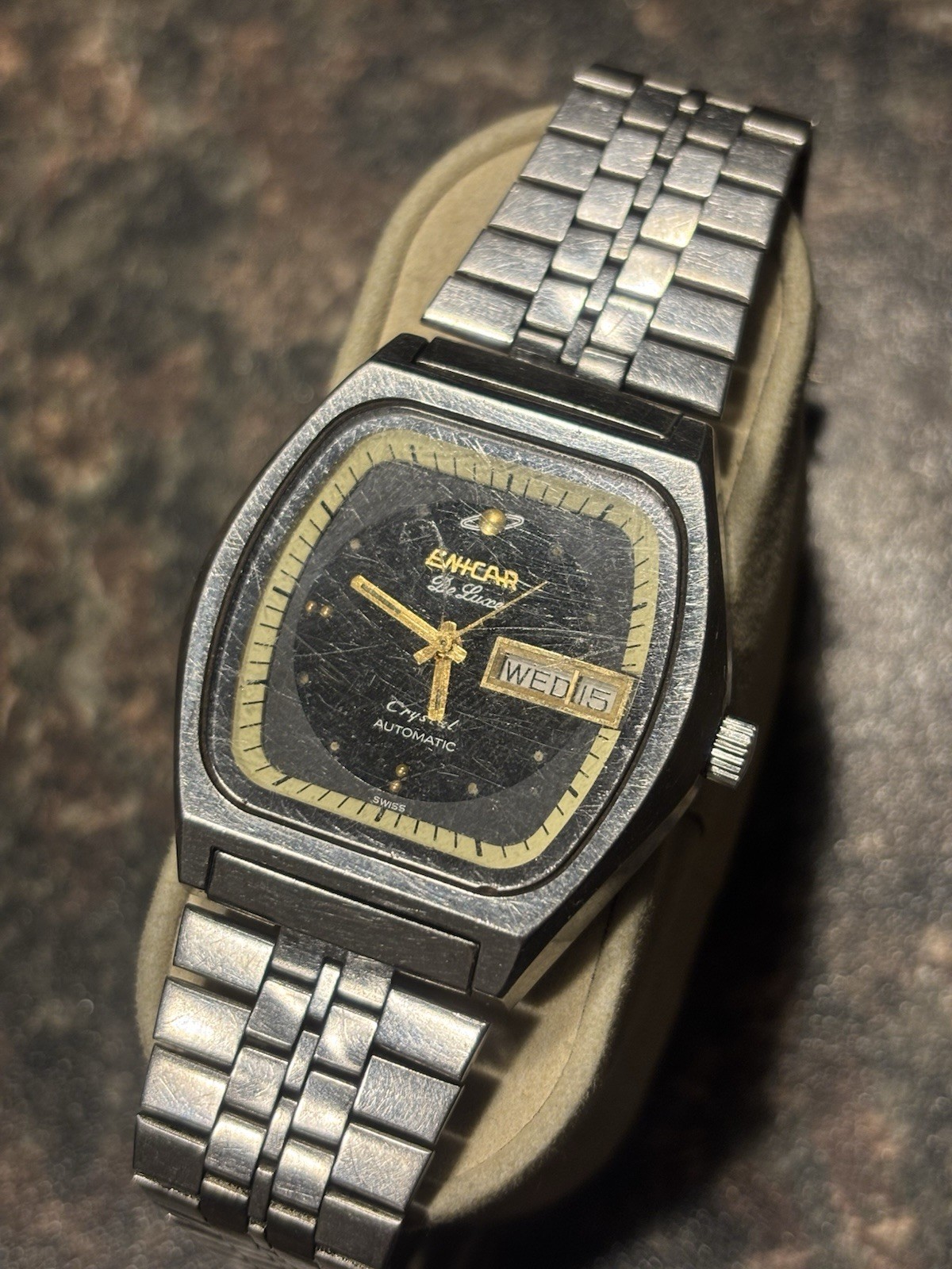 Vintage ENICAR Black De Luxe men's automatic watch day/date