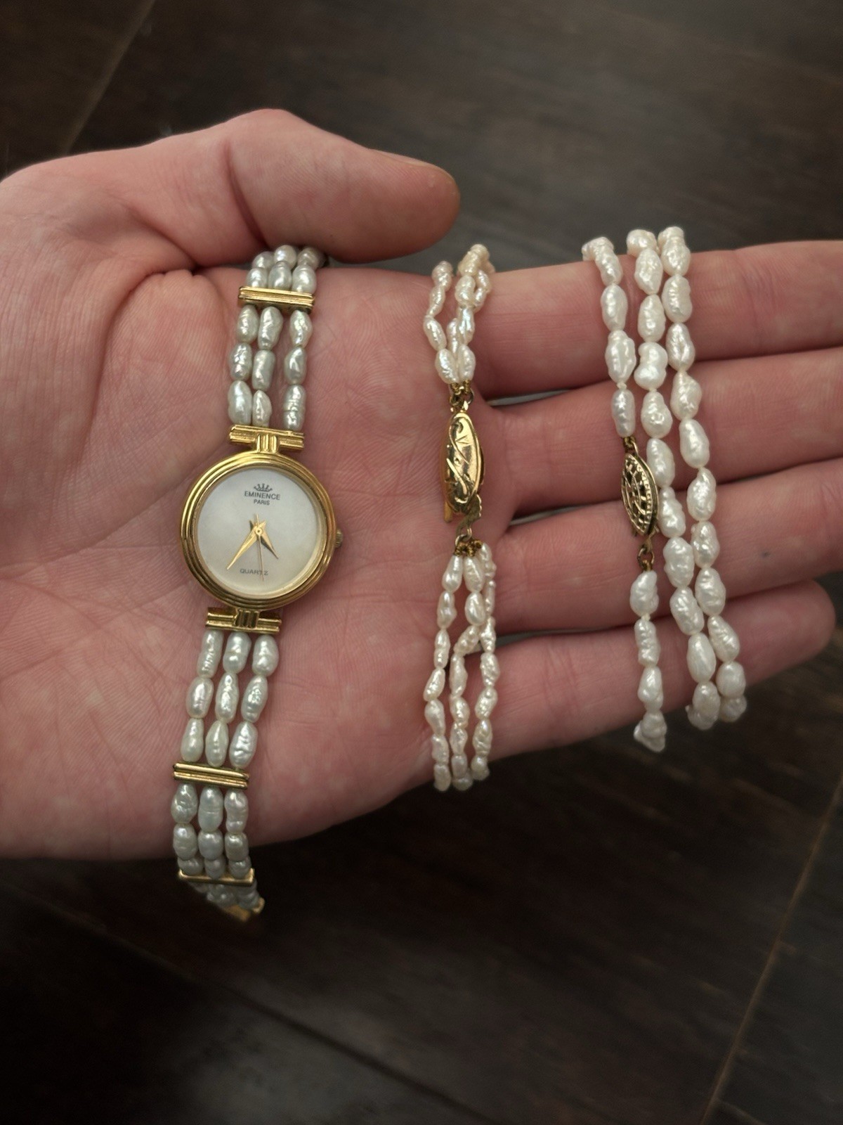 Pearl Gift Set Watch Bracelet Necklace Gold Tone Freshwater Rice