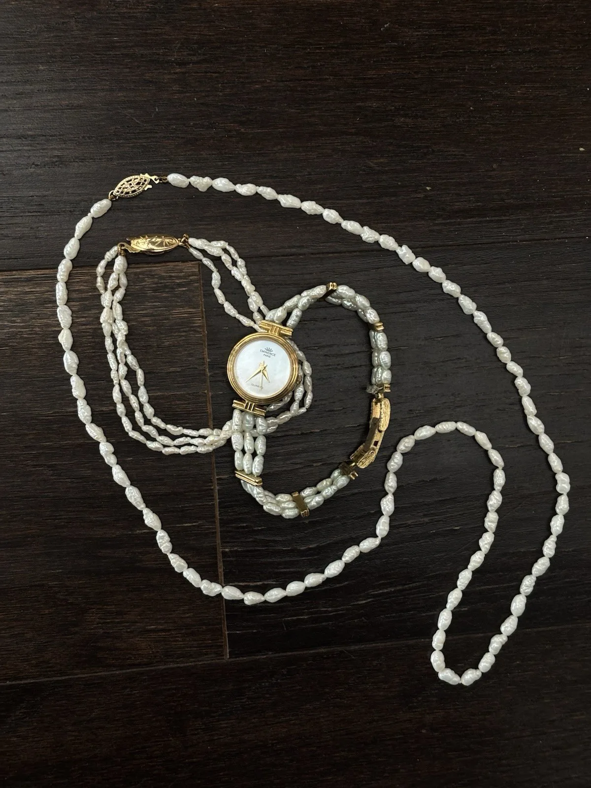 Pearl Gift Set Watch Bracelet Necklace Gold Tone Freshwater Rice - photo 5