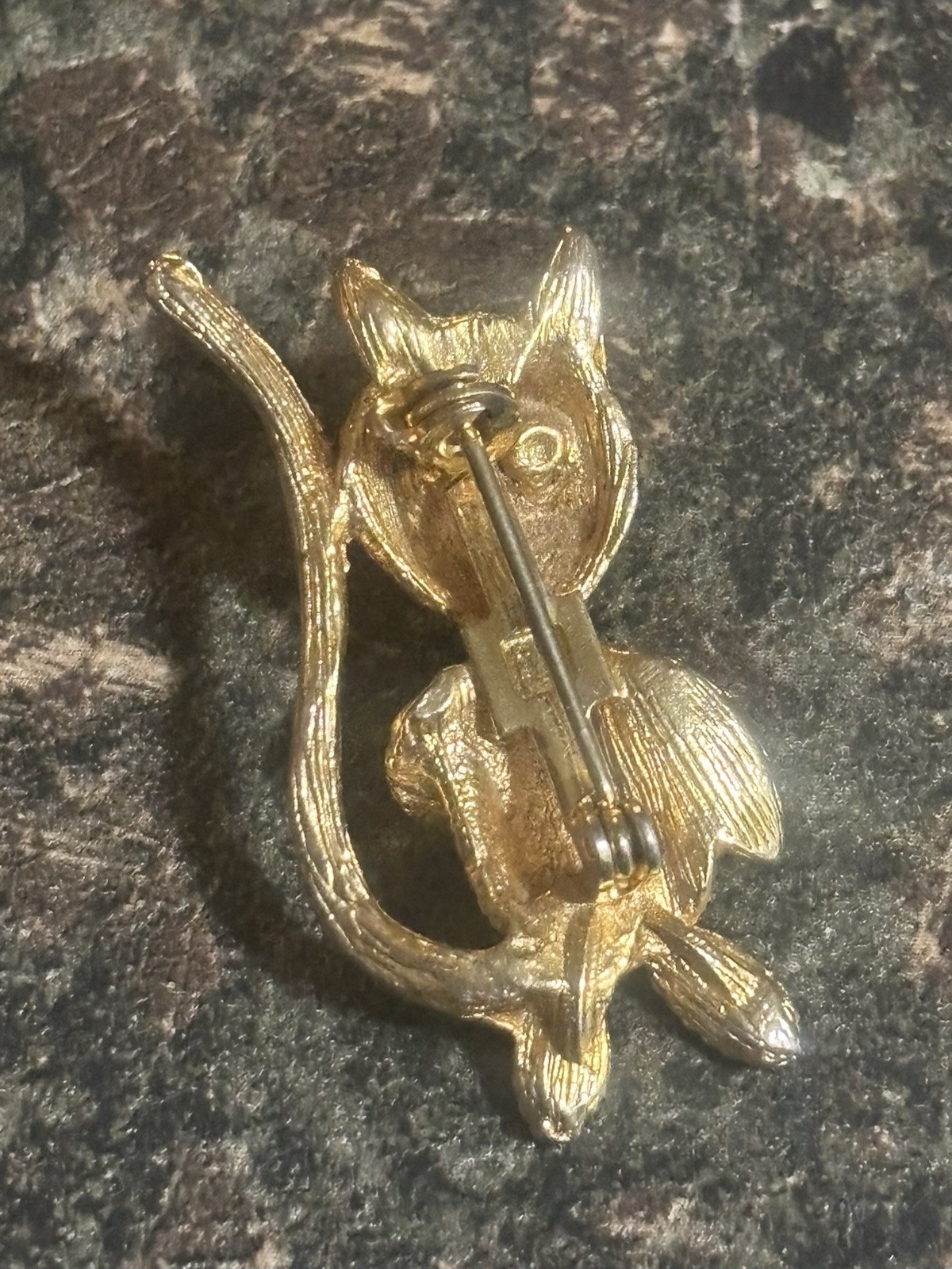 Gold Cat Brooch Blue Rhinestone Eyes Rare - photo 4
