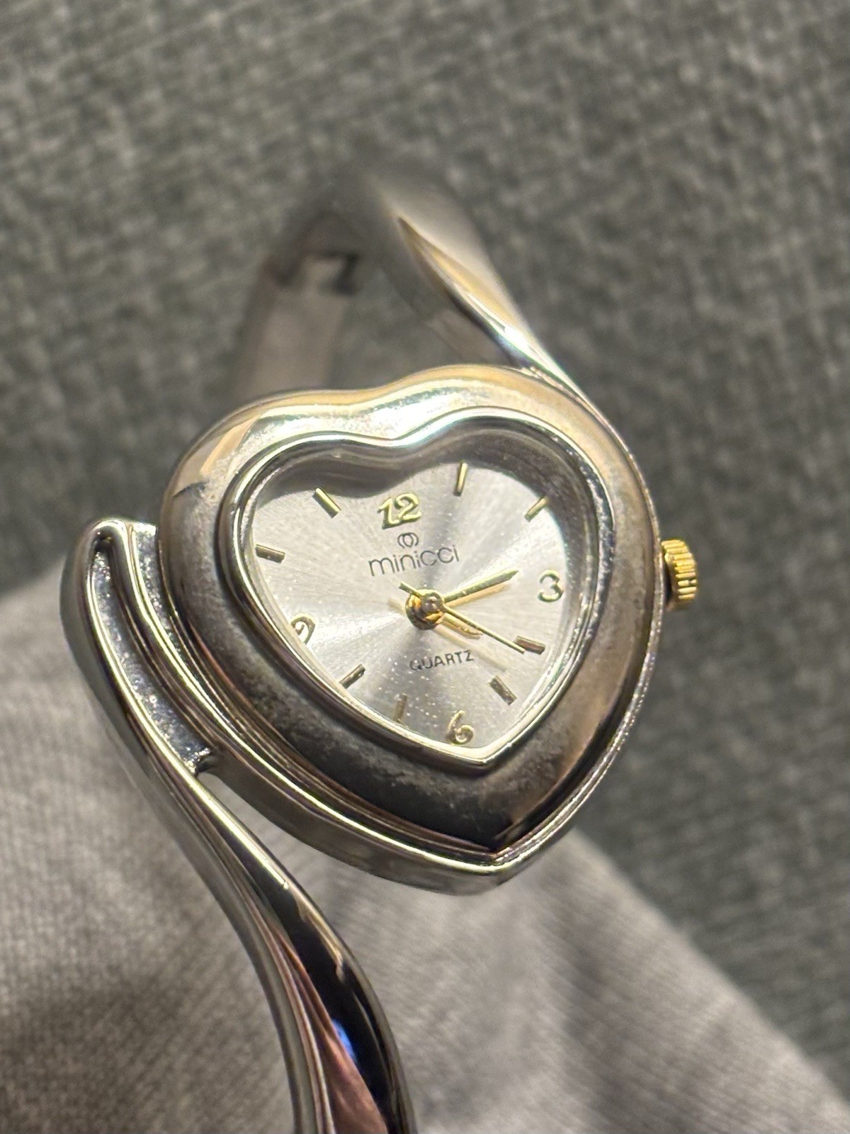 Silver Heart Shaped Quartz Watch Cuff Gold Accent Fashion